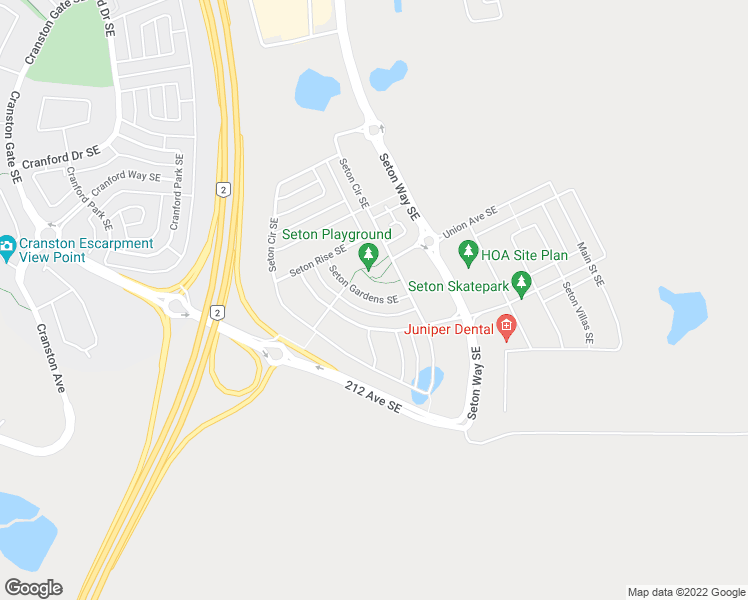 map of restaurants, bars, coffee shops, grocery stores, and more near 91 Seton Gardens Southeast in Calgary