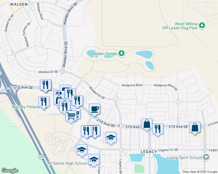 map of restaurants, bars, coffee shops, grocery stores, and more near 63 Walgrove Link Southeast in Calgary