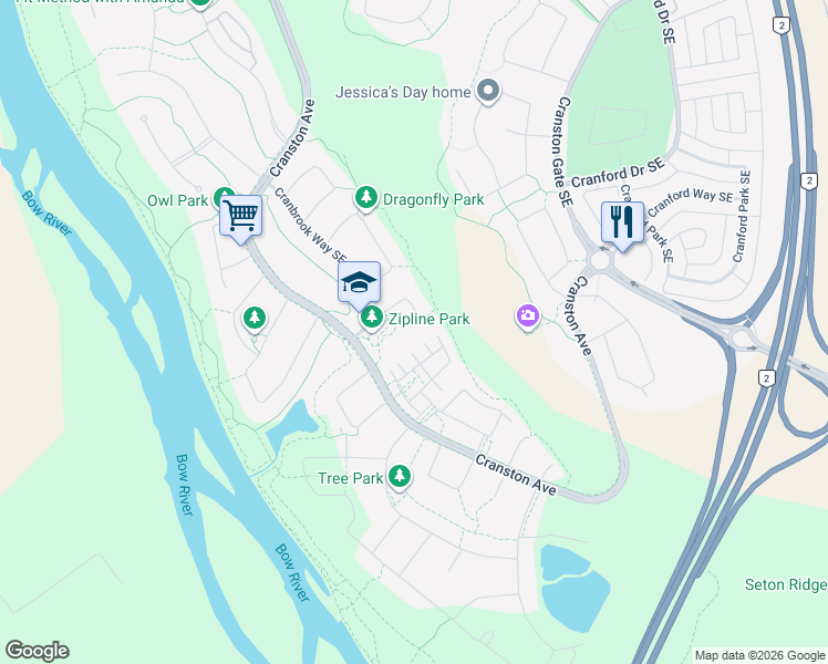 map of restaurants, bars, coffee shops, grocery stores, and more near 103 Cranbrook Hill Southeast in Calgary
