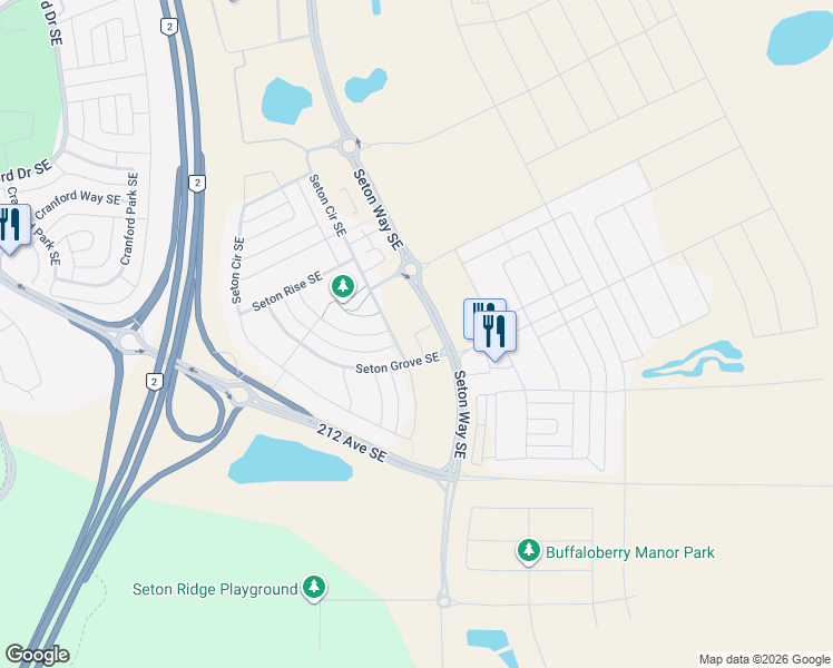 map of restaurants, bars, coffee shops, grocery stores, and more near 503 Seton Circle Southeast in Calgary