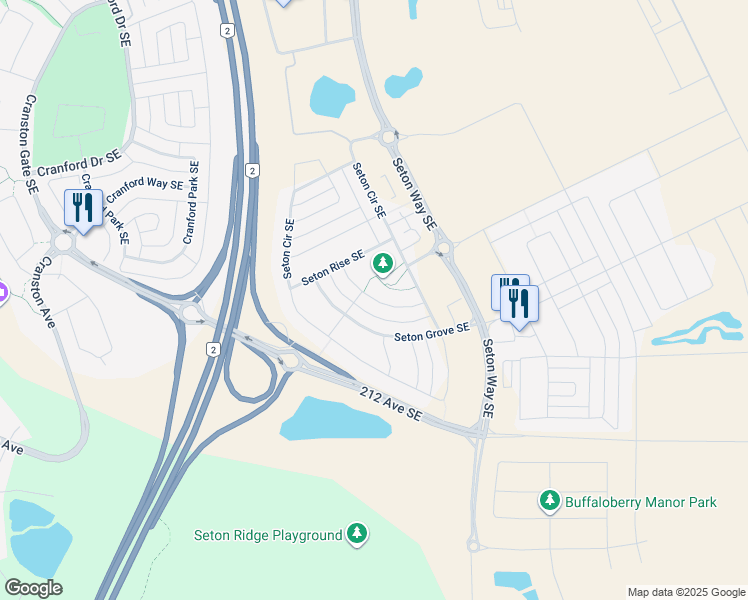 map of restaurants, bars, coffee shops, grocery stores, and more near Seton Gardens Southeast in Calgary
