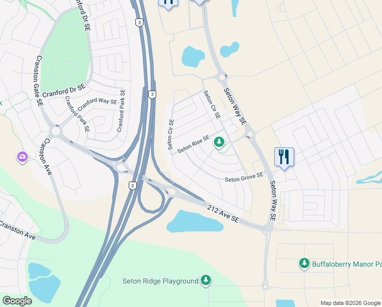 map of restaurants, bars, coffee shops, grocery stores, and more near 75 Seton Rise Southeast in Calgary