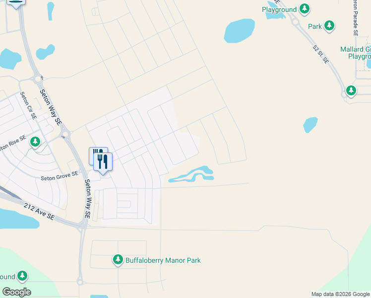 map of restaurants, bars, coffee shops, grocery stores, and more near Seton Circle Southeast in Calgary