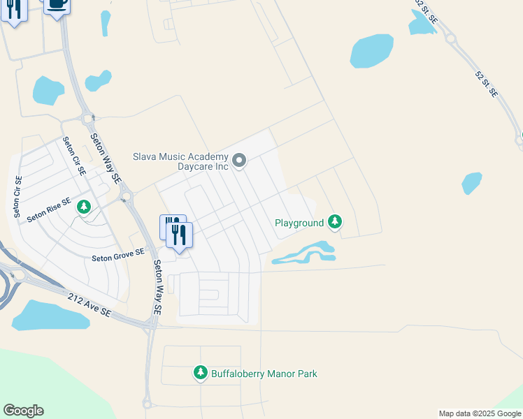 map of restaurants, bars, coffee shops, grocery stores, and more near Seton Circle Southeast in Calgary
