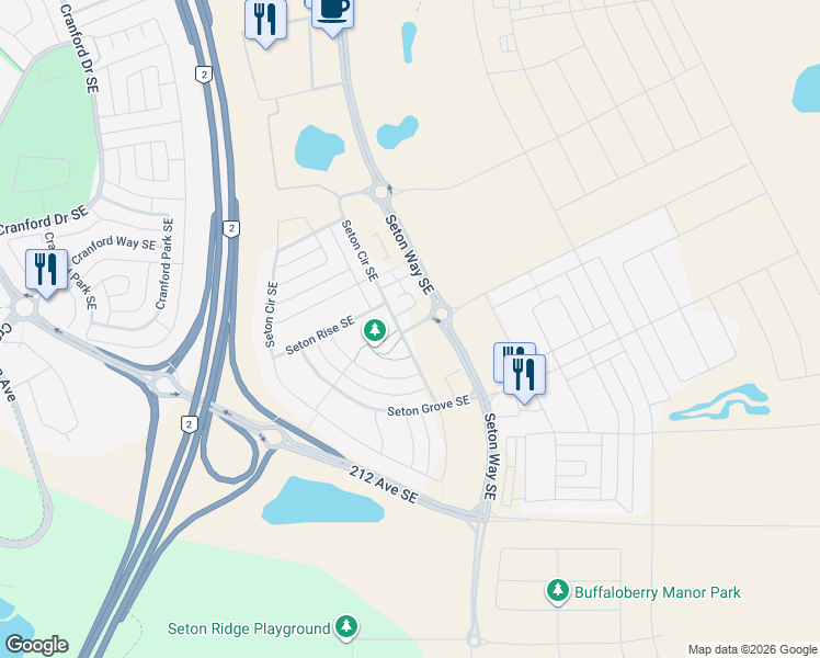 map of restaurants, bars, coffee shops, grocery stores, and more near 337 Seton Circle Southeast in Calgary