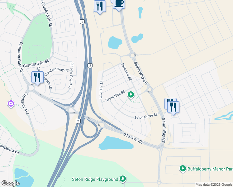 map of restaurants, bars, coffee shops, grocery stores, and more near 75 Seton Rise Southeast in Calgary