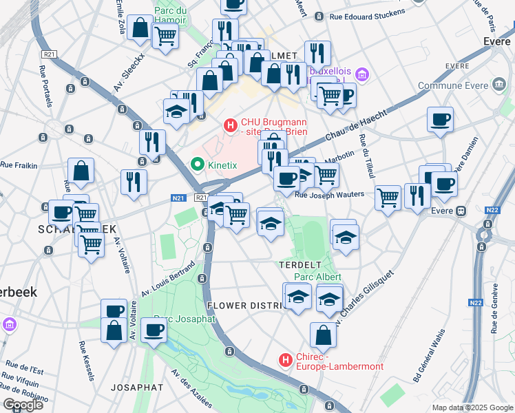map of restaurants, bars, coffee shops, grocery stores, and more near 47 Rue Guillaume Kennis in Schaerbeek