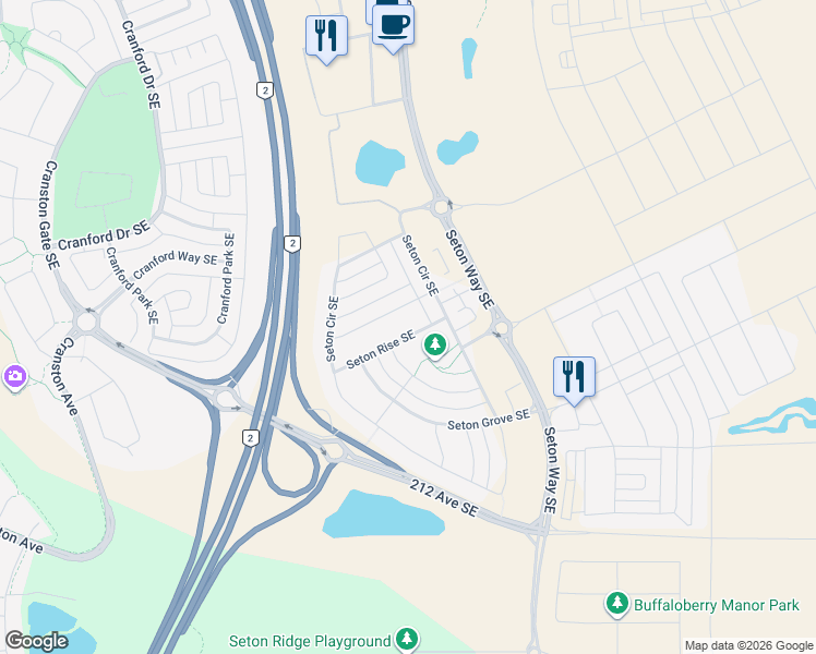 map of restaurants, bars, coffee shops, grocery stores, and more near 32 Seton Rise Southeast in Calgary