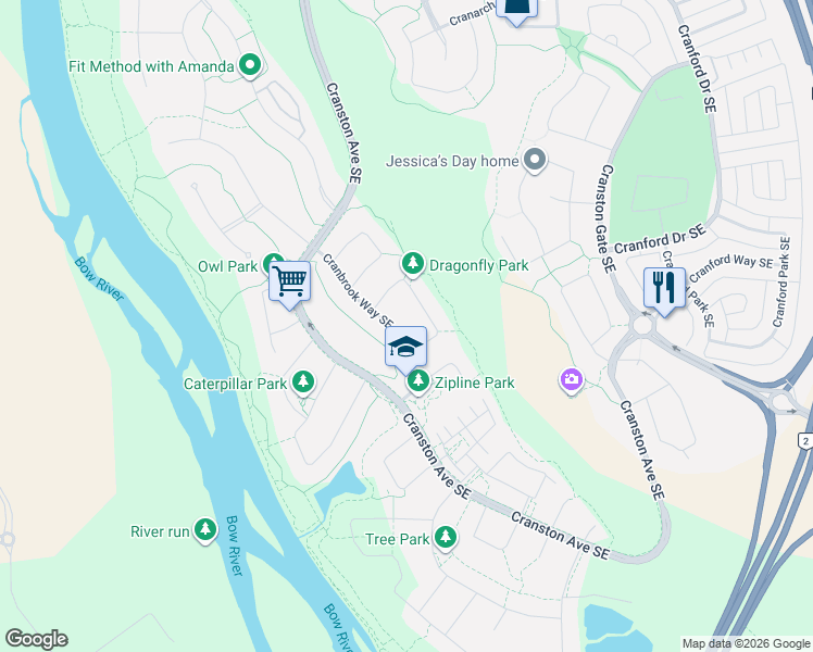 map of restaurants, bars, coffee shops, grocery stores, and more near 112 Cranbrook Way Southeast in Calgary