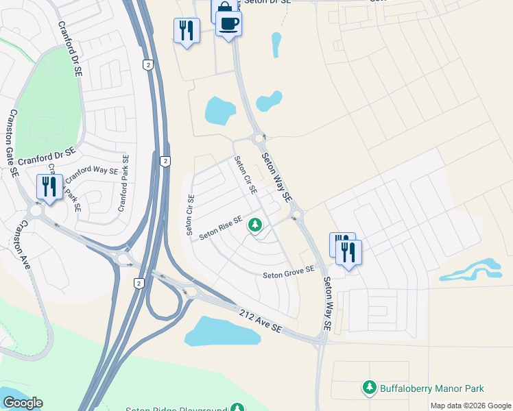 map of restaurants, bars, coffee shops, grocery stores, and more near 337 Seton Circle Southeast in Calgary