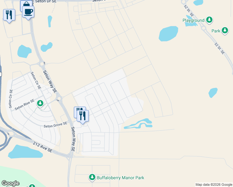 map of restaurants, bars, coffee shops, grocery stores, and more near Seton Circle Southeast in Calgary