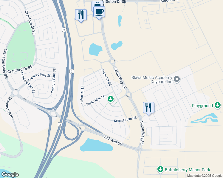 map of restaurants, bars, coffee shops, grocery stores, and more near 281 Seton Circle Southeast in Calgary