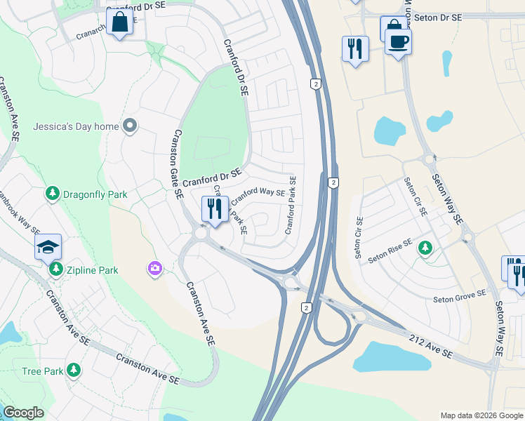 map of restaurants, bars, coffee shops, grocery stores, and more near 74 Cranford Bay Southeast in Calgary