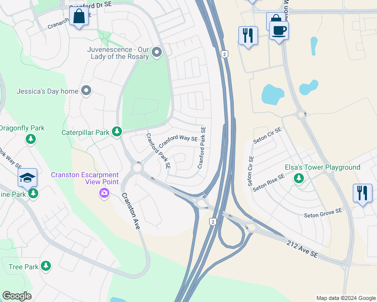 map of restaurants, bars, coffee shops, grocery stores, and more near 74 Cranford Bay Southeast in Calgary