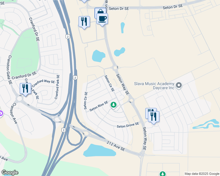 map of restaurants, bars, coffee shops, grocery stores, and more near 281 Seton Circle Southeast in Calgary