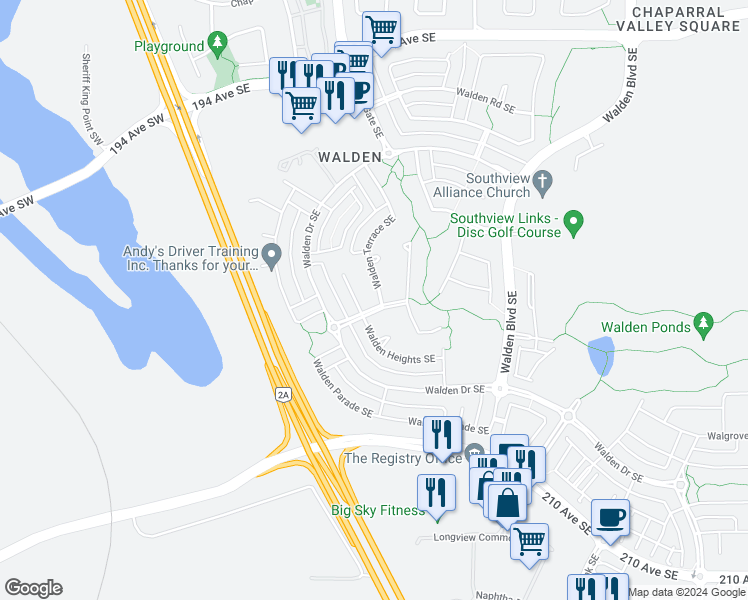 map of restaurants, bars, coffee shops, grocery stores, and more near 28 Walden Way Southeast in Calgary