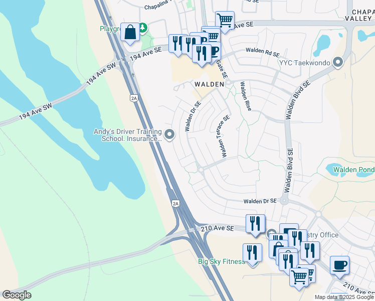 map of restaurants, bars, coffee shops, grocery stores, and more near 470 Walden Drive Southeast in Calgary