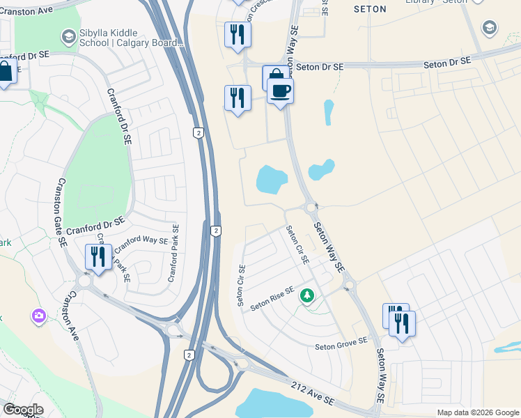 map of restaurants, bars, coffee shops, grocery stores, and more near 1103 Seton Circle Southeast in Calgary