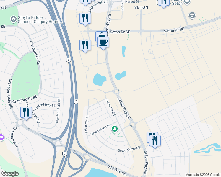 map of restaurants, bars, coffee shops, grocery stores, and more near Seton Way Southeast in Calgary