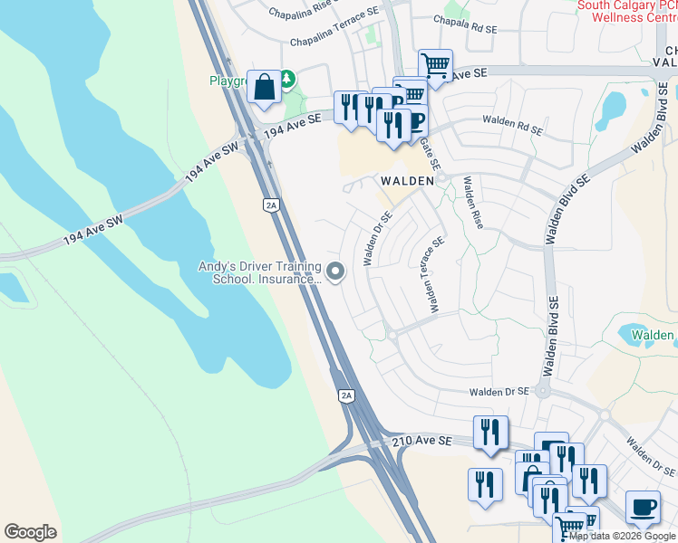 map of restaurants, bars, coffee shops, grocery stores, and more near Walden Crescent Southeast in Calgary