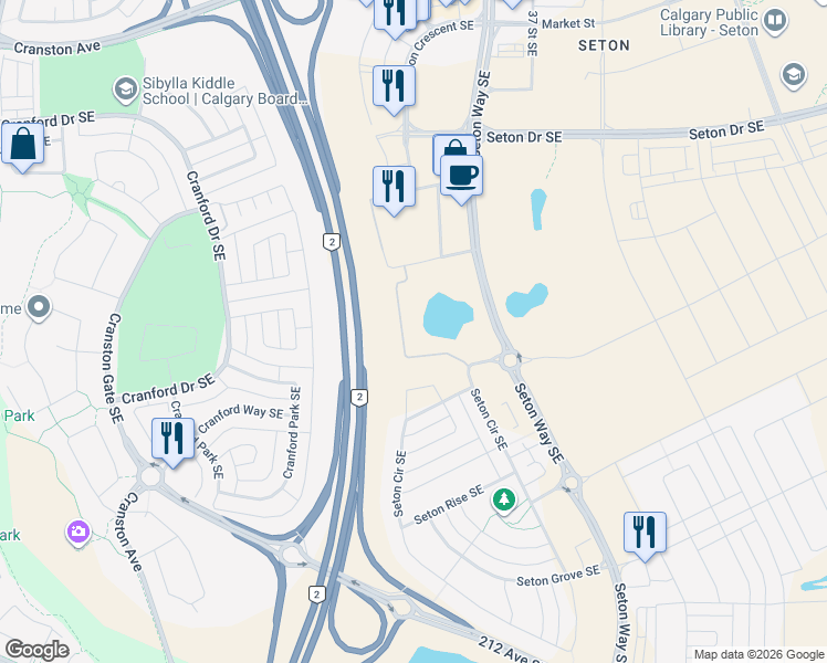 map of restaurants, bars, coffee shops, grocery stores, and more near Queen Elizabeth II Hwy in Calgary