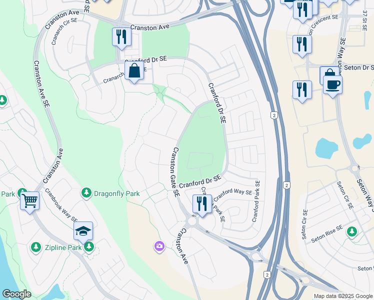 map of restaurants, bars, coffee shops, grocery stores, and more near 83 Cranford Green Southeast in Calgary