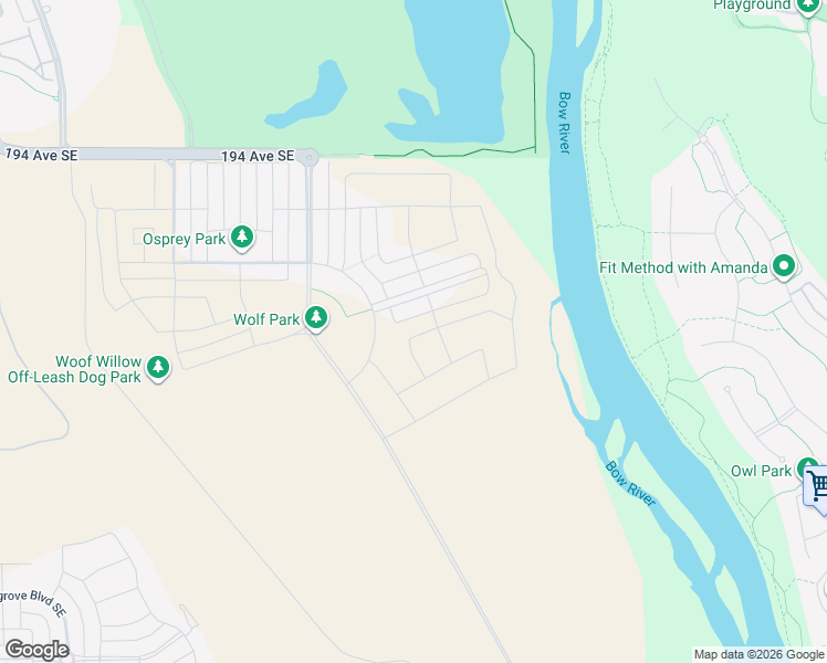 map of restaurants, bars, coffee shops, grocery stores, and more near 43 Wolf Hollow Park Southeast in Calgary