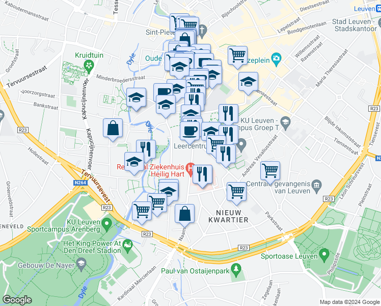 map of restaurants, bars, coffee shops, grocery stores, and more near 96 Naamsestraat in Leuven