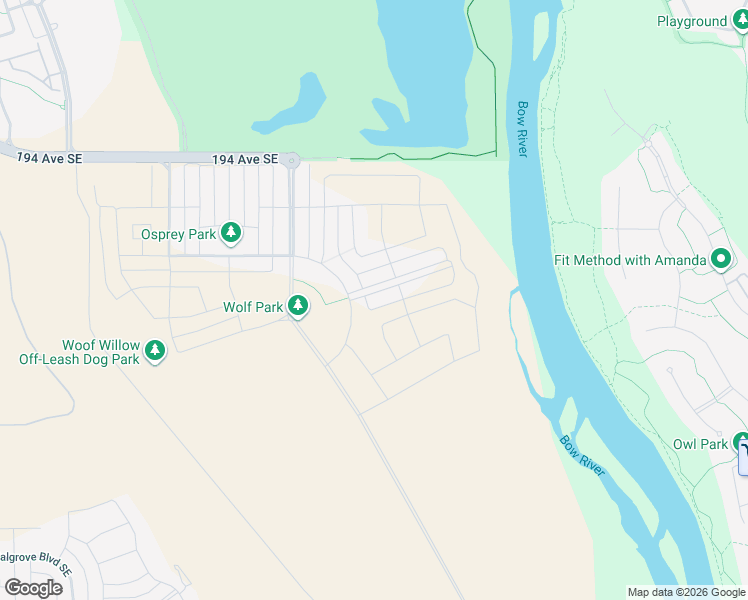 map of restaurants, bars, coffee shops, grocery stores, and more near 43 Wolf Hollow Park Southeast in Calgary