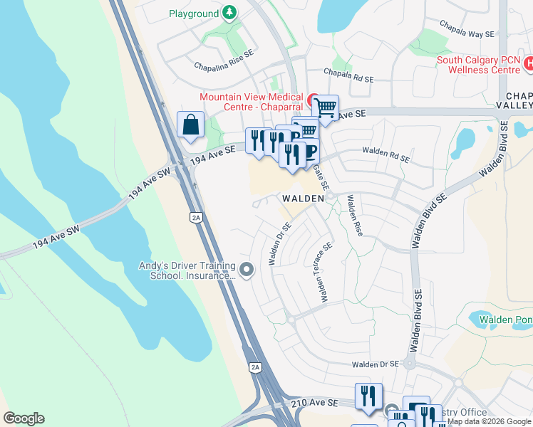 map of restaurants, bars, coffee shops, grocery stores, and more near 27 Walden Crescent Southeast in Calgary