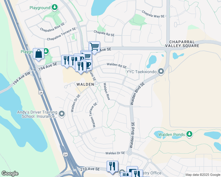 map of restaurants, bars, coffee shops, grocery stores, and more near 10 Walden Court Southeast in Calgary