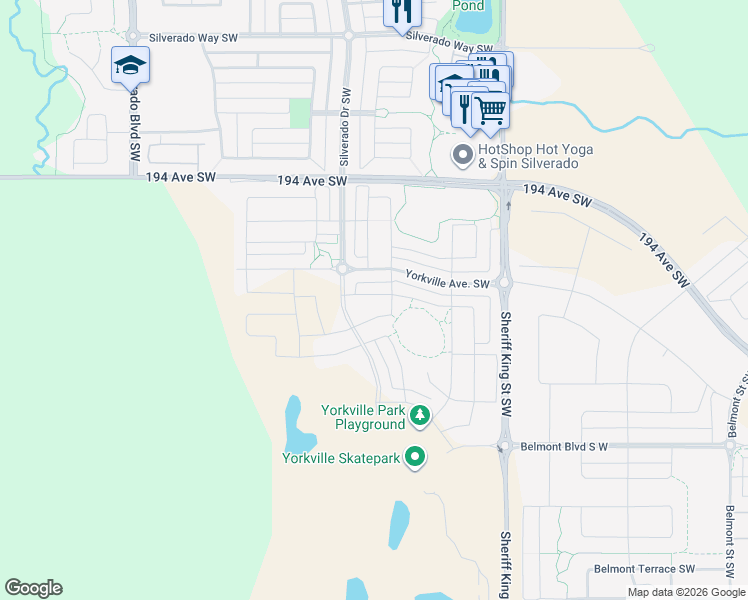 map of restaurants, bars, coffee shops, grocery stores, and more near Unnamed Road in Calgary