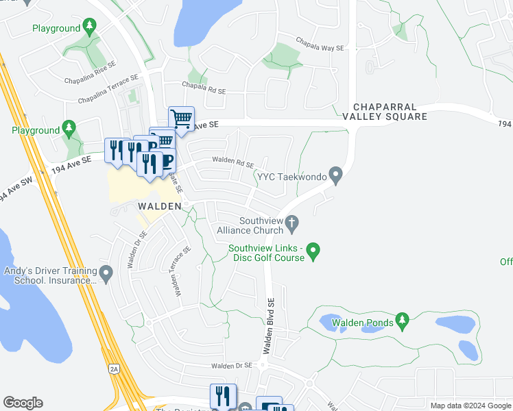 map of restaurants, bars, coffee shops, grocery stores, and more near 76 Walden Drive in Calgary