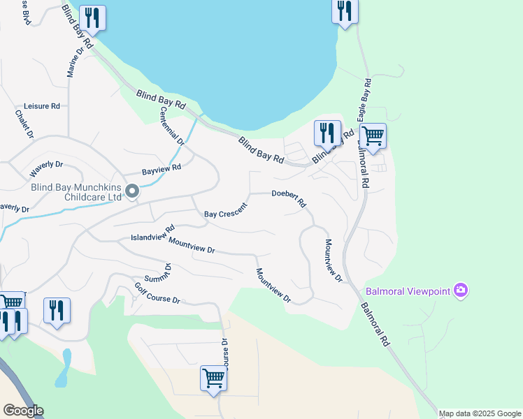 map of restaurants, bars, coffee shops, grocery stores, and more near 2642 Bay Crescent in Blind Bay