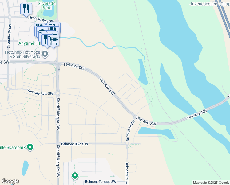 map of restaurants, bars, coffee shops, grocery stores, and more near 22225 Sheriff King Street Southwest in Calgary