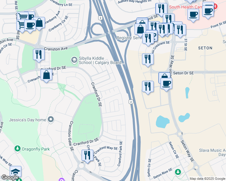 map of restaurants, bars, coffee shops, grocery stores, and more near 412 Cranford Walk Southeast in Calgary
