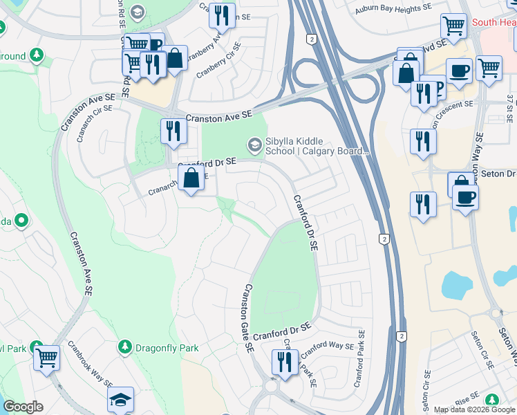 map of restaurants, bars, coffee shops, grocery stores, and more near 196 Cranarch Place Southeast in Calgary