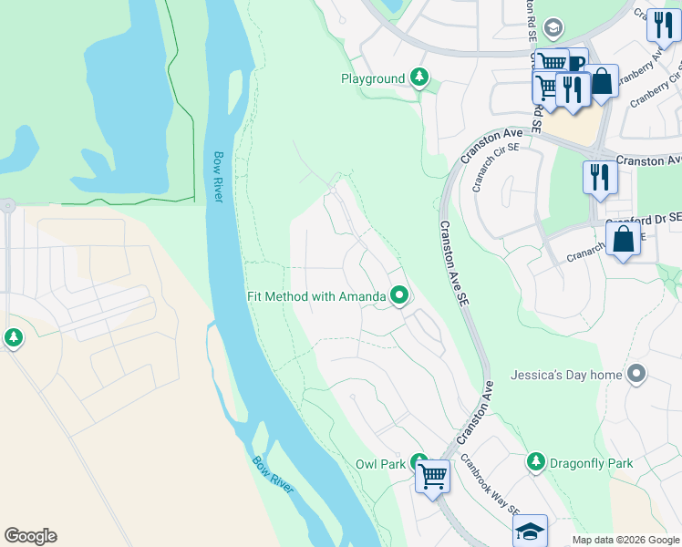 map of restaurants, bars, coffee shops, grocery stores, and more near 73 Cranbrook Rise in Calgary