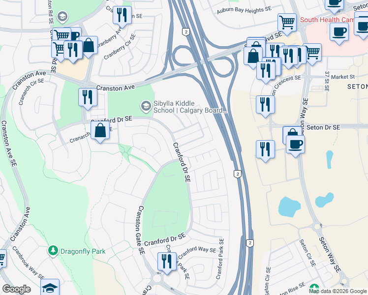 map of restaurants, bars, coffee shops, grocery stores, and more near 216 Cranford Crescent Southeast in Calgary