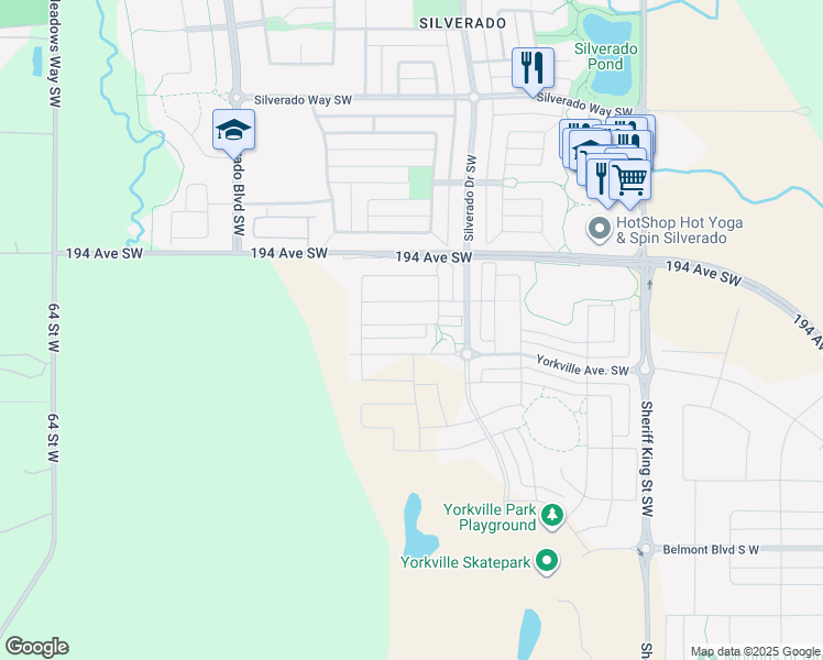 map of restaurants, bars, coffee shops, grocery stores, and more near 14 Yorkstone Walk Southwest in Calgary