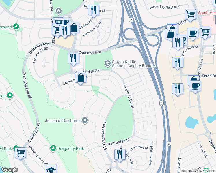 map of restaurants, bars, coffee shops, grocery stores, and more near 20 Cranarch Bay Southeast in Calgary