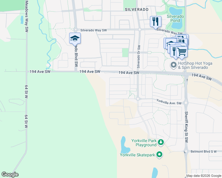 map of restaurants, bars, coffee shops, grocery stores, and more near 194 Avenue Southeast in De Winton
