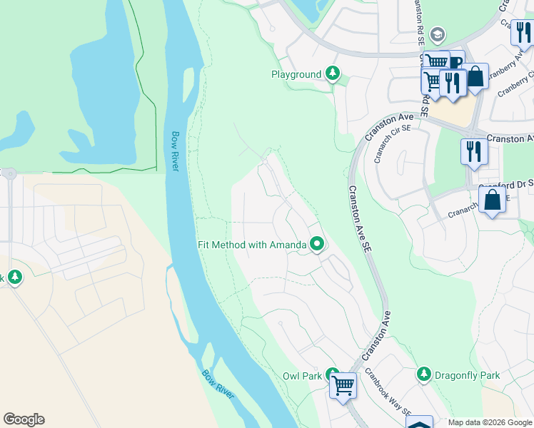map of restaurants, bars, coffee shops, grocery stores, and more near 73 Cranbrook Rise in Calgary