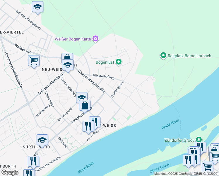 map of restaurants, bars, coffee shops, grocery stores, and more near 7 Rudolfweg in Köln