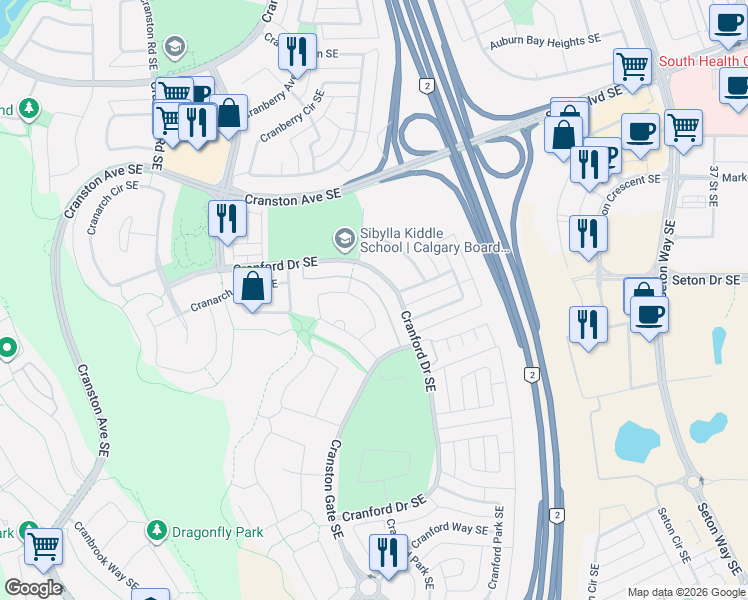 map of restaurants, bars, coffee shops, grocery stores, and more near 196 Cranarch Place Southeast in Calgary