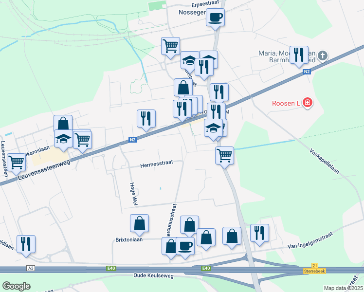 map of restaurants, bars, coffee shops, grocery stores, and more near 11 Mercuriusstraat in Zaventem