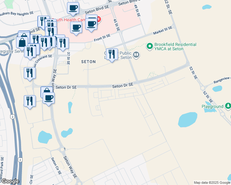 map of restaurants, bars, coffee shops, grocery stores, and more near 19634 42 Street Southeast in Calgary