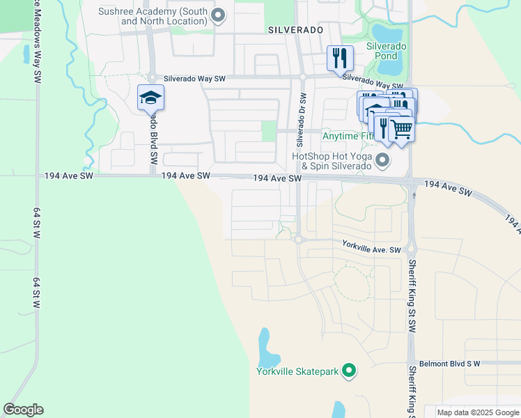 map of restaurants, bars, coffee shops, grocery stores, and more near 63 Yorkstone Way Southwest in Calgary
