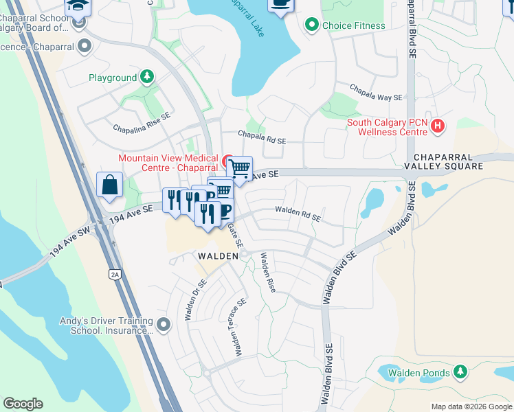 map of restaurants, bars, coffee shops, grocery stores, and more near 54 Walden Manor Southeast in Calgary