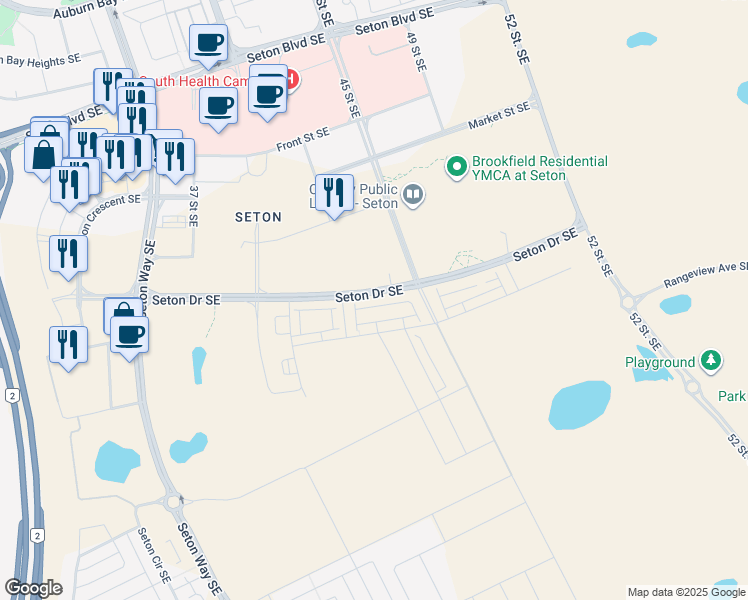 map of restaurants, bars, coffee shops, grocery stores, and more near 4335 Seton Drive Southeast in Calgary